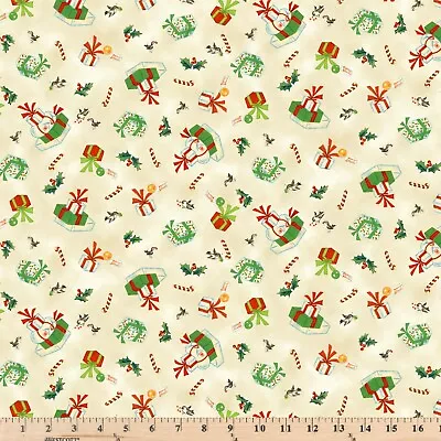 Vintage Christmas Cream Time To Give DCX10369-CREM-D Fabric By The Half Yard • $4.20