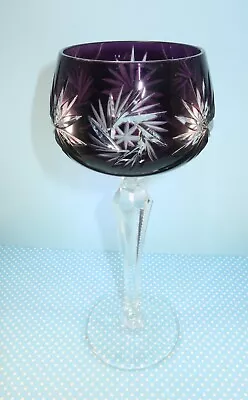 Vintage Bohemian Etched Wine Glass Dark Purple Colored Crystal Goblet 7.5  • $18