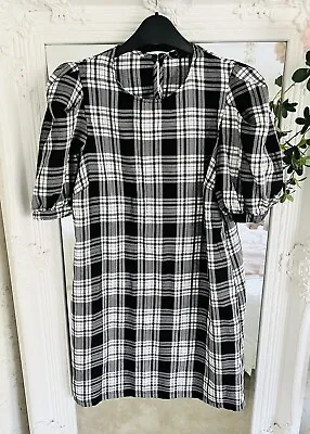 New Look Puff Sleeve Black & White Tartan Check Shift T-shirt Mini Dress Size 12 • £4