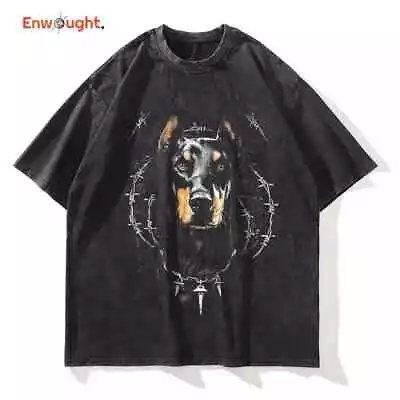 Doberman T-shirts Oversized Vintage Washed Hip Hop High Street T Shirt Retro Cut • $16.92