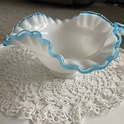 Fenton White Milk Glass Bowl Aqua Blue Crest Ruffled Edges • $19