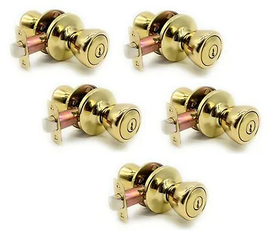 [5-PACK] Keyed Alike Entry Door Knob Lock Set Polished Brass With 10 Keys • $54.99