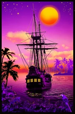 Sunset Cove - Pirate Ship - Blacklight Poster - 23x35 Flocked 53341 • $16.95