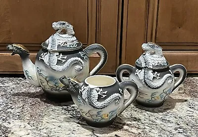 Moriage Japan Dragon Ware Teapot Creamer & Sugar Dragon Spout Black Blue AS IS • $59.99