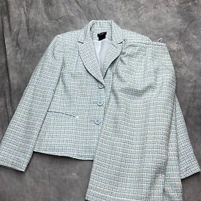 Sicari Skirt Suit Womens 10 White Blue Green Boucle Plaid Career Classic VTG • $31.98