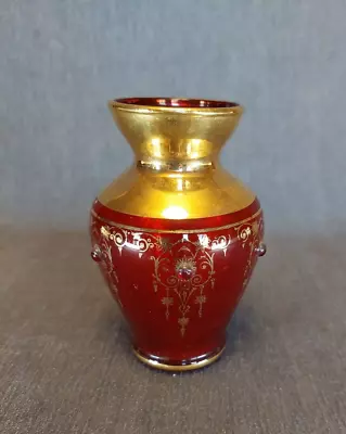 Vintage  Murano Glass Bud Vase Red Art Glass 24k Gold 4.25  • $28