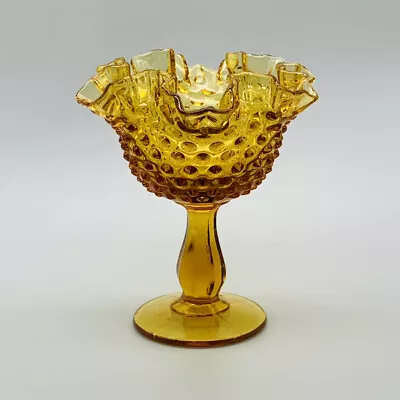 Fenton Colonial Amber Glass Ruffled Edge Hobnail Compote Pedestal Candy Dish VTG • $21.59