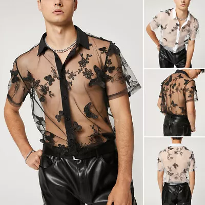 Men's Short Sleeve Sheer Mesh Lace Shirts Party Beach Button Down Top Blouse UK • £15.16