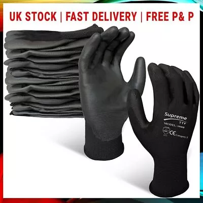 24 Pairs Black Pu Coated Safety Work Gloves Garden Grip Mens Builders Gardening • £0.99