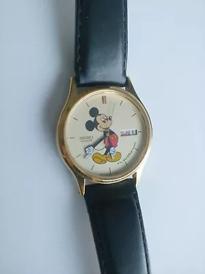 Seiko Disney Quartz Watch 5Y23-7079 Mickey Men Gold Tone Day Date New Battery • $80