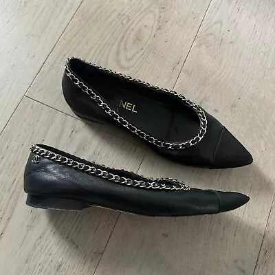 Chanel Logo Chain Black Leather Ballet Flats EU 38 UK 5 US 7 Ballerinas Pumps • £215