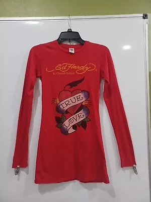 Y2K Sm Vtg Ed Hardy By Christian Audigier Red Jeweled Lng Slv Mini Tshrt Dress • $28