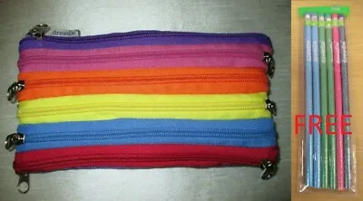 Pencil Case Top Quality Multi Zip Zipper Coloured 22cm & 6 FREE Gitter Pencils  • £4.35