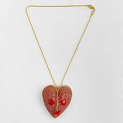 Vintage Vendome Pink Rhinestone Heart Necklace W/ Enamel Heart Accents 2 3/8” • $100