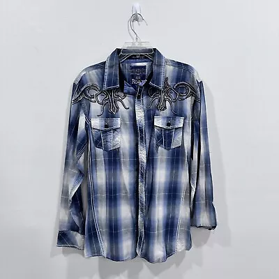 Roar Shirt Mens Large Blue Plaid Button Up Long Sleeve Embroidered • $19.45