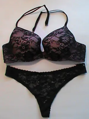 Victoria's Secret Embrace Angels Thong M Push Up Bra 34C 2-pc Set Black Lace NEW • $90