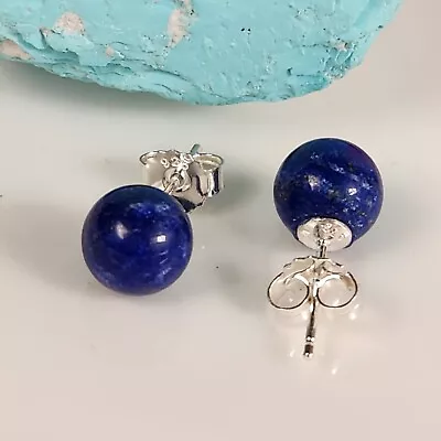 Solid 925 Sliver Natural Blue Lapis Lazuli 8mm Round Ball Stud Earrings • $18.91