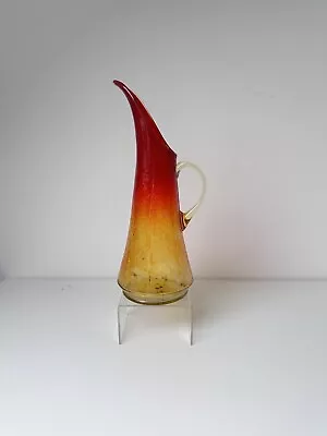 Vintage Crackle Glass Amberina Optic Red & Yellow Glass Jug Vase With Handle • £20