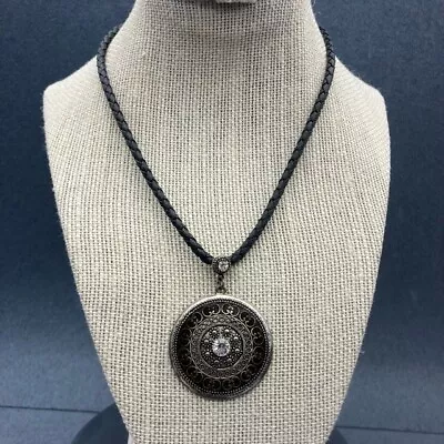 Lia Sophia Medallion Necklace 16 In Mandala Silver Rhinestone Black Leather BoHo • $17.96