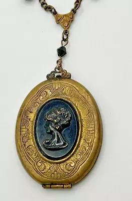 Victorian Etched Brass & Enamel Cameo Mourning Locket Necklace 16  JCS • $59.99