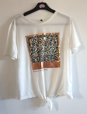 £6 • Buy Cream Short Sleeved Tie Front Leopard Print 'love' T-shirt Top Size 12 BNWOT