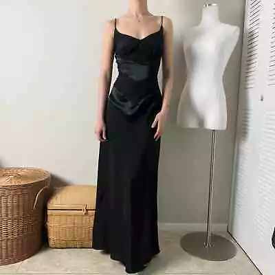 Vintage 80s 90s Black Satin Crepe Patchwork V Neck Strappy Maxi Dress Gown • $128