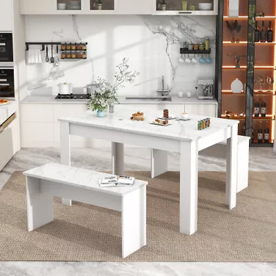 3Pcs Marble Look Dining Table And Chairs Set 2 Benches Kitchen Furniture HT • £109.99