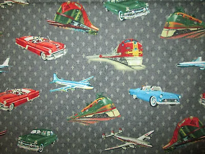 Vintage Cars Airplanes Trains Travel Gray Cotton Fabric BTHY • $5.89