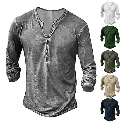$20.99 • Buy Men Long Sleeve V Neck Henley Shirt Vintage Baggy V Neck Button Pullover T Shirt