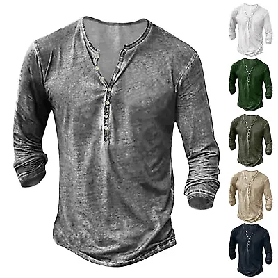 Men Long Sleeve V Neck Henley Shirt Vintage Baggy V Neck Button Pullover T Shirt • $19.41