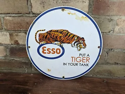 Vintage 1962 Esso Tiger Gasoline Porcelain Enamel Gas Pump Sign 12  • $135.99