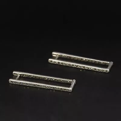 Sterling Silver - DESIGNER Marcasite Elongated Modern Drop Earrings - 8g • $9.50
