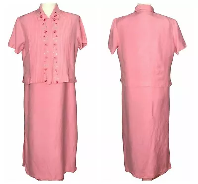 Pink Maxi Dress & Jacket Set Women's 14 Pin Tucking Flower Embroidery VTG 90's • $1