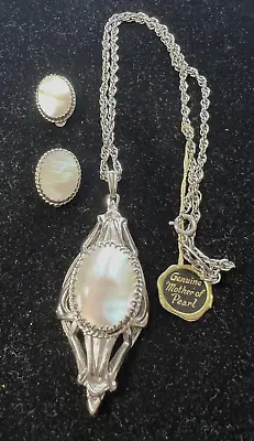 Vintage Whiting Davis Genuine Mother Of Pearl Pendant Necklace & ClipOn Earrings • $65
