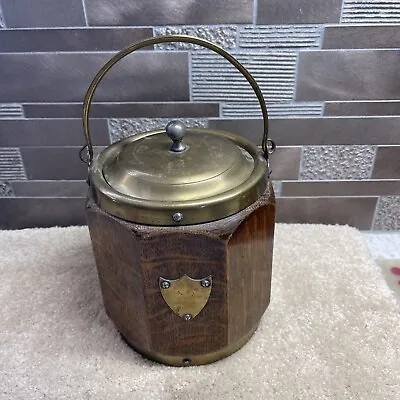 ANTIQUE VINTAGE ENGLISH OAK BISCUIT BARREL WITH PORCELAIN LINER. Rare Kind. • $44.97