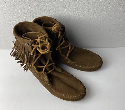 Minnetonka Brown Suede Fringe Lace Up Ankle Booties Size 6 • $34.99