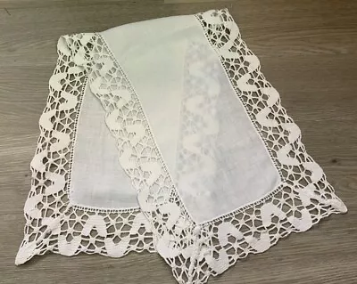 Vintage Dresser Scarf Cotton White Crocheted Edges Linen Center • $11.25