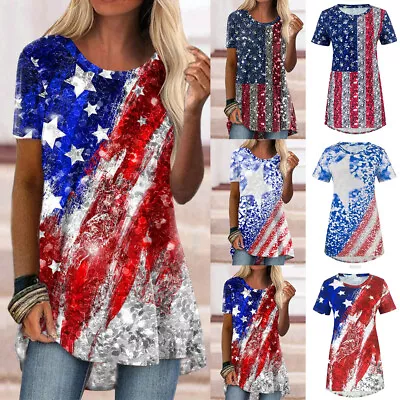 Women Printed Sequin T-Shirt Summer Tunic Tops Ladies Short Sleeve Casual Blouse • $17.76