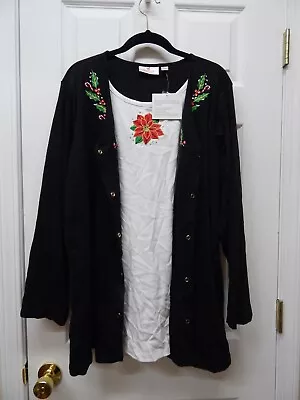 Quacker Factory Holiday Joy V-Neck Cardigan Duet-Black-2X-A552414-PO • $10.99