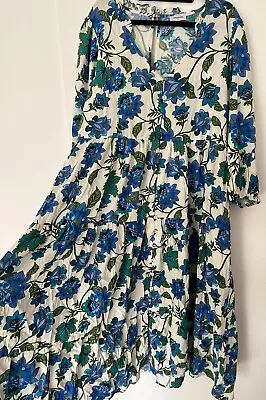 Sussan Size 16 Dress Beige Blue Floral Midi Button Up Long Sleeve • $45