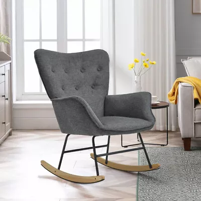 Rocking Chair Armchair Linen Button Back Living Room Accent Lounge Chair Rocker • £105.95