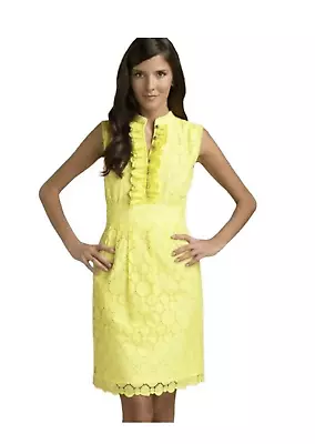 Shoshanna Dress Yellow Eyelet Ruffle Neck Size 8 Shift Sleeveless Spring • $55