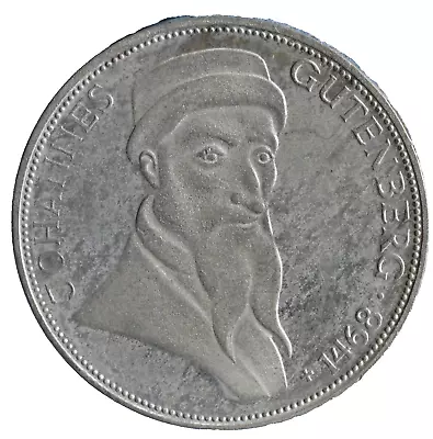 SILVER World Coin Germany 5 Mark Commemorative Johannes Gutenberg 1968 G  AU+ • $14.99