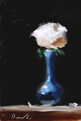 WHITE ROSE Flower In A Blue Vase  Stylish Modern Art Oil Painting UKRAINE • $36.60