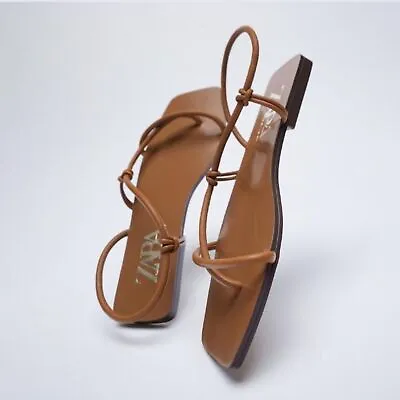 Zara Brown Strappy Flat Square Toe Shoes Sandals 39 • $26.98