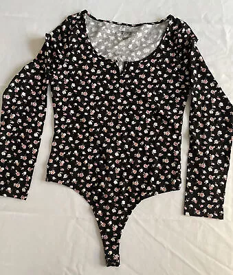 VICTORIAS SECRET PINK LONG SLEEVE BODYSUIT SHIRT TOP COTTON V-NECK Medium Black • $17.95