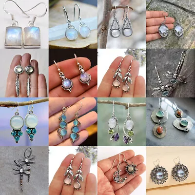 $0.73 • Buy Moonstone 925Silver Hook Earrings Women Girs Wedding Dangle Boho Vintage Jewelry
