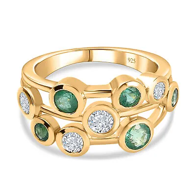 Emerald And Moissanite Cluster Ring In Gold Plated Silver Wt. 4.68 Grms • £74.99