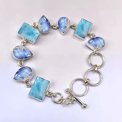 Blue Larimar Moonstone Bracelet Unique 925 Sterling Silver Size 7-8  Adjustable • $30.20