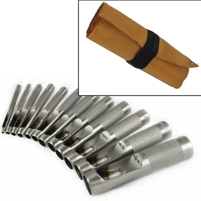 12pc Pro Precision Hollow Punch Set 3mm - 19mm Hole Cutter + Leather Tool Roll • £17.66